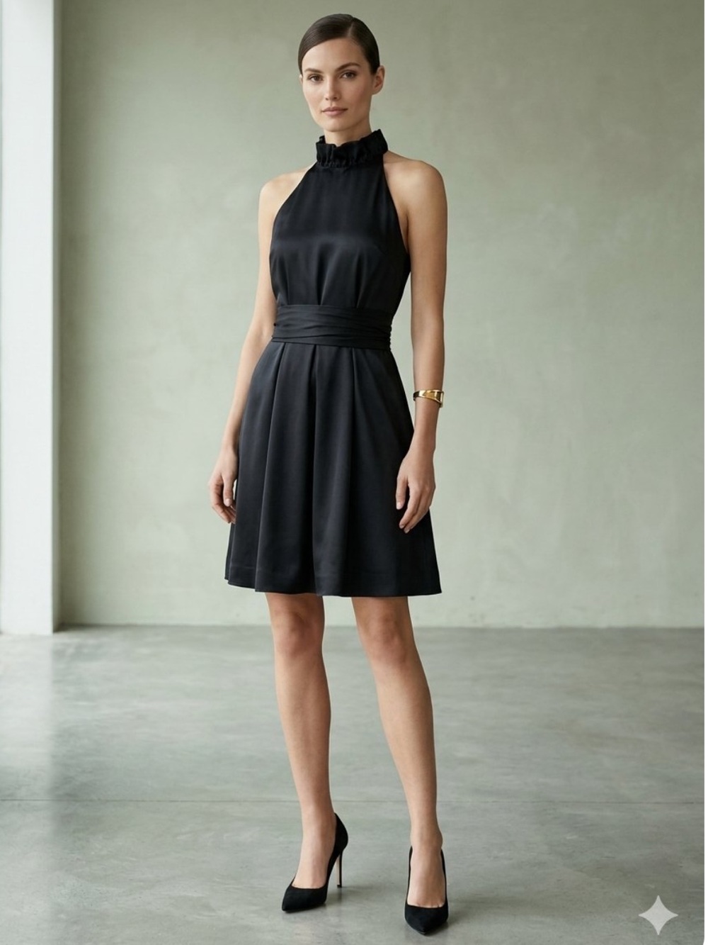 Kate Spade black satin high neck fit and flare waist tie dress cocktail size 8